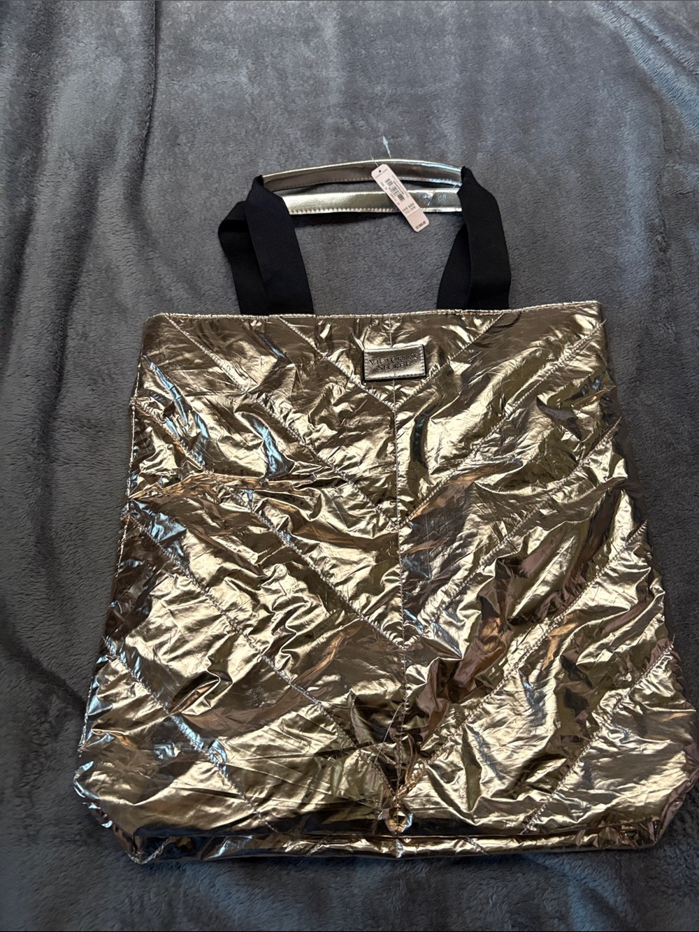 Victoria's Secret Metallic Silver Tote with Black Handles
